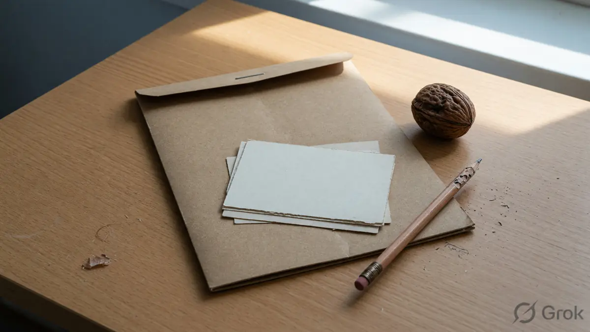 A brand checklist desk with unmarked cards and a closed folder