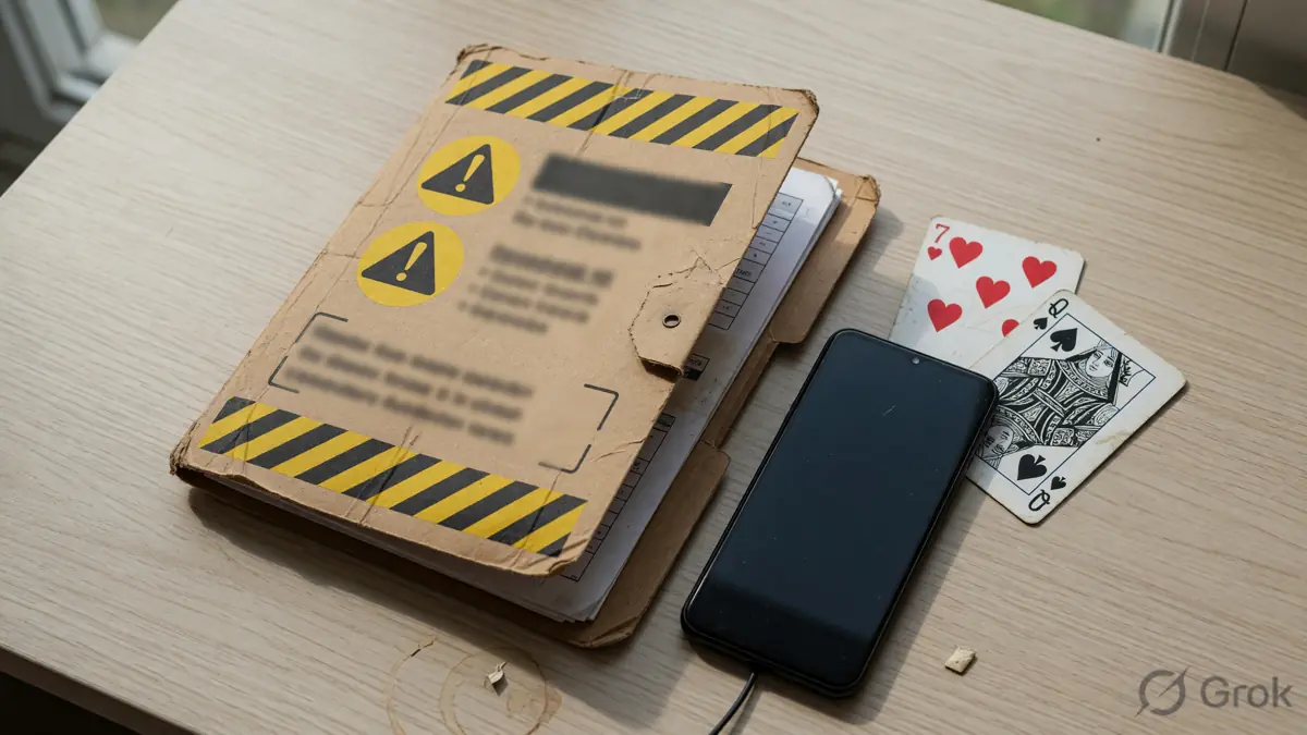 A kraft caution folder beside a dark phone and unused rummy cards