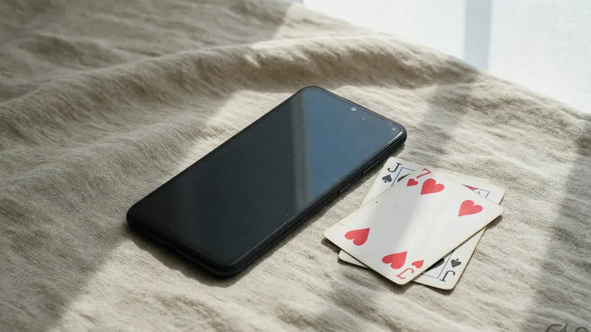 A phone face-up on oatmeal linen beside a short rummy stack