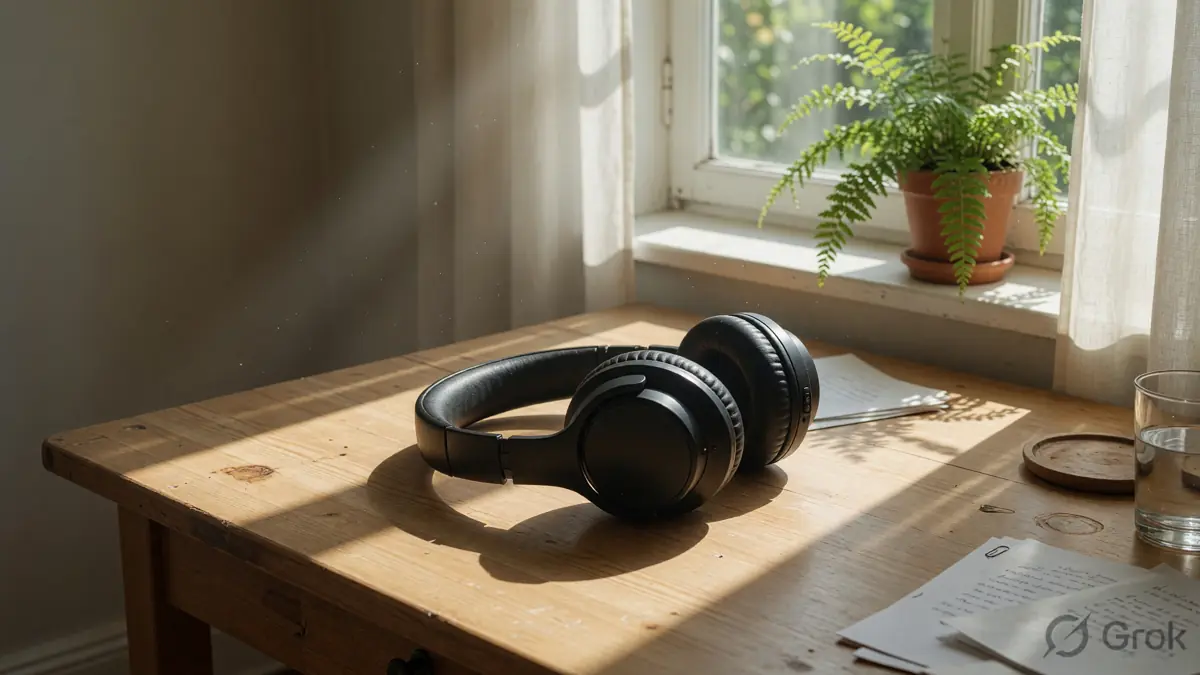 A quiet sunlit desk with a headset and a closed notebook