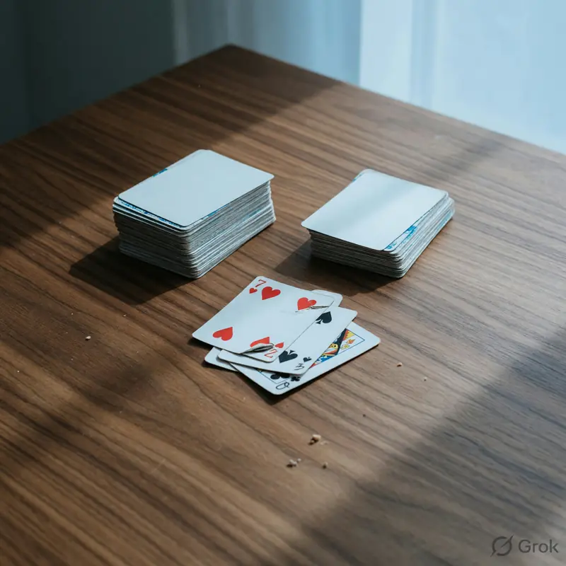 Two remaining face-down deal stacks and a small discard pile on walnut