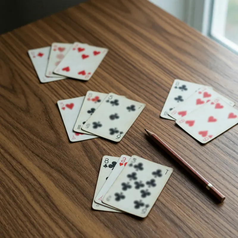 Finished rummy groups laid in tidy clusters on walnut with a closed pencil