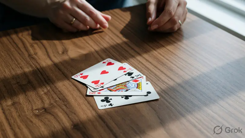 A short discard pile of face-up rummy cards with blurred hands at the far edge