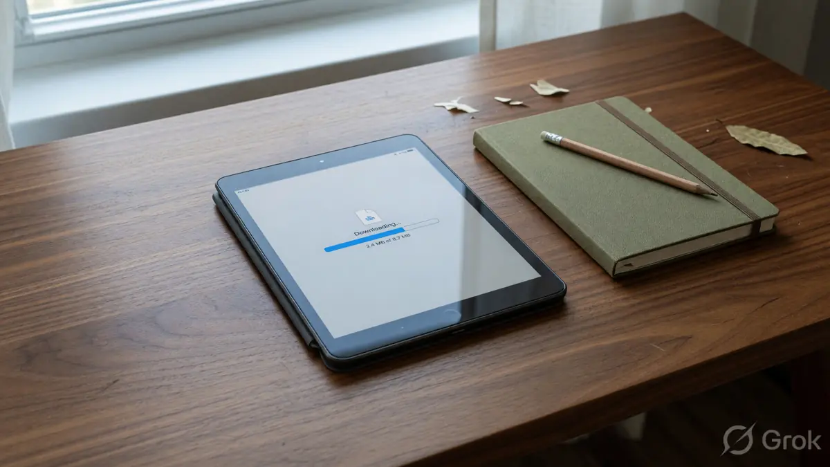 A tablet and a closed folder on a pale desk beside unused rummy cards
