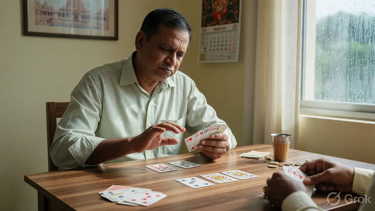 A player pausing over a rummy hand instead of celebrating