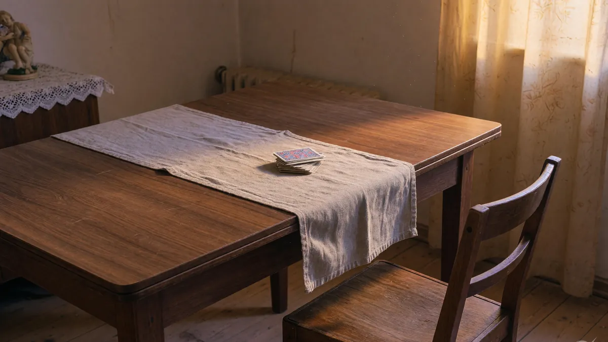 An empty wooden chair pulled back from a quiet rummy table