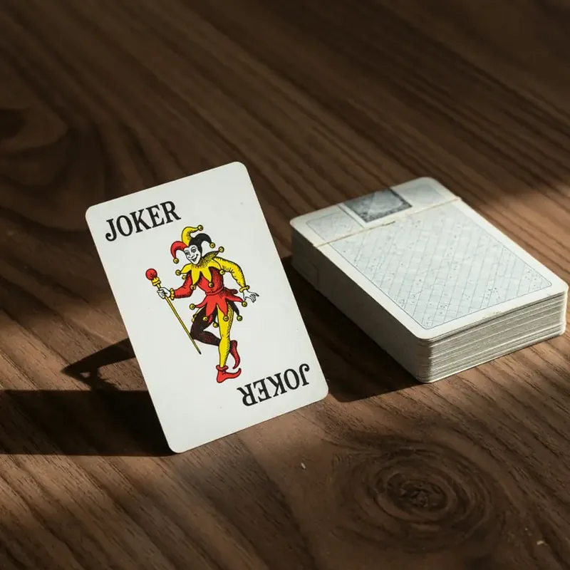 A single joker-style card set apart from a face-down packet on walnut