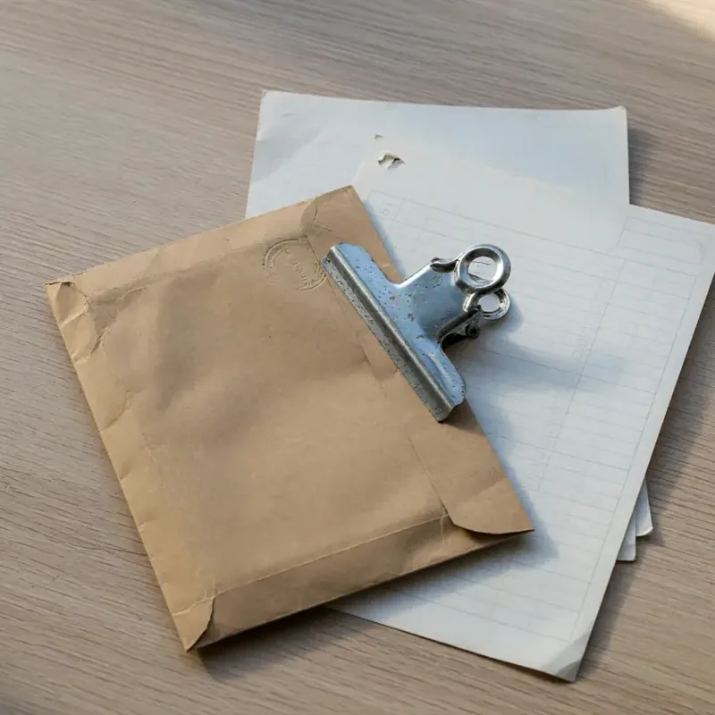 A sealed kraft envelope and the blank back of a form on oak