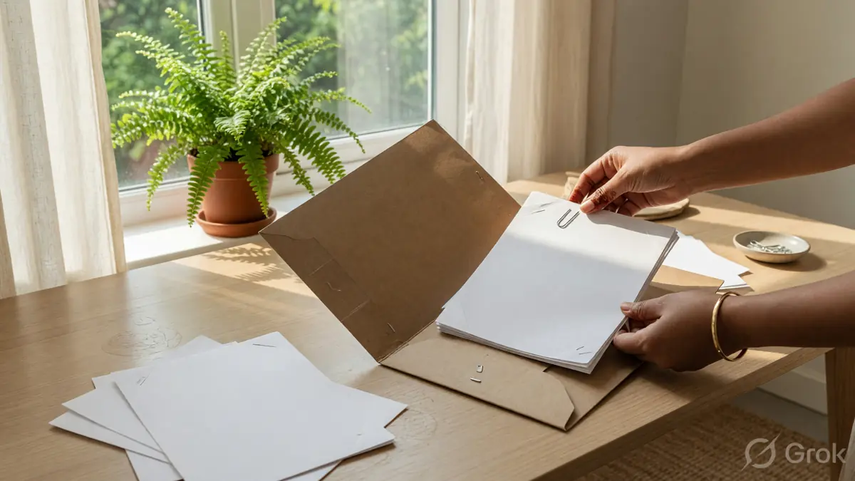 Hands arranging a kraft folder and blank sheets on a pale oak desk