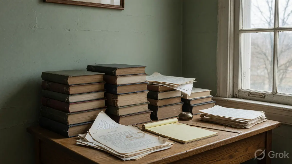A stack of bound books on a window ledge beside unused rummy cards