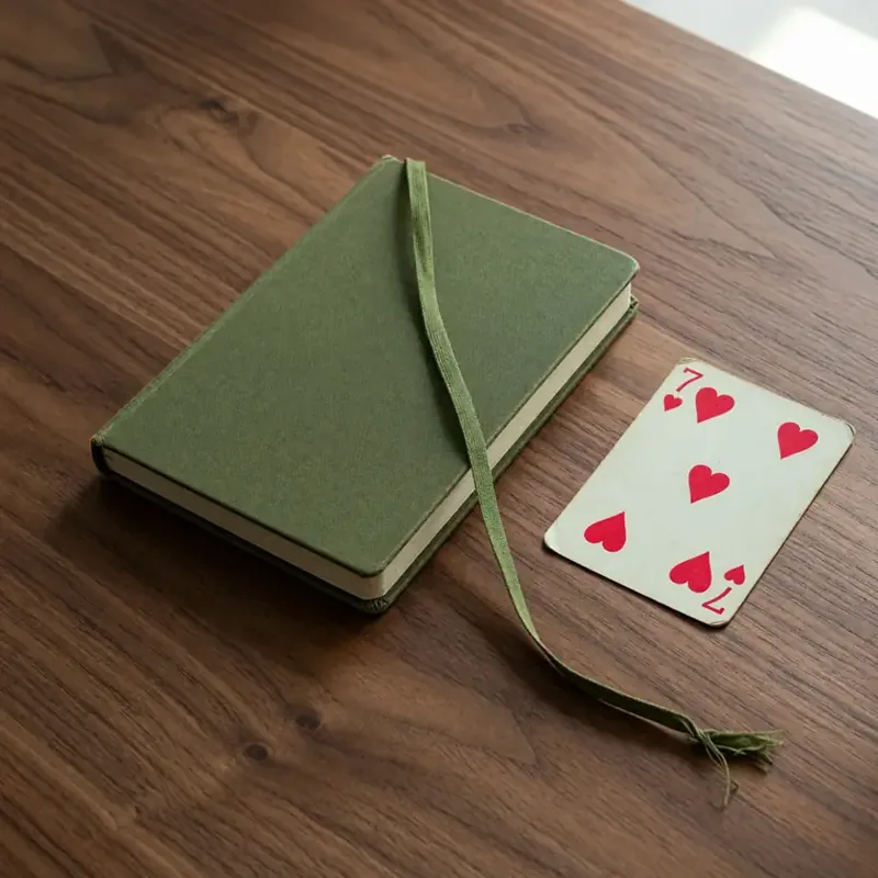 An open notebook with a pencil beside an unused rummy score grid