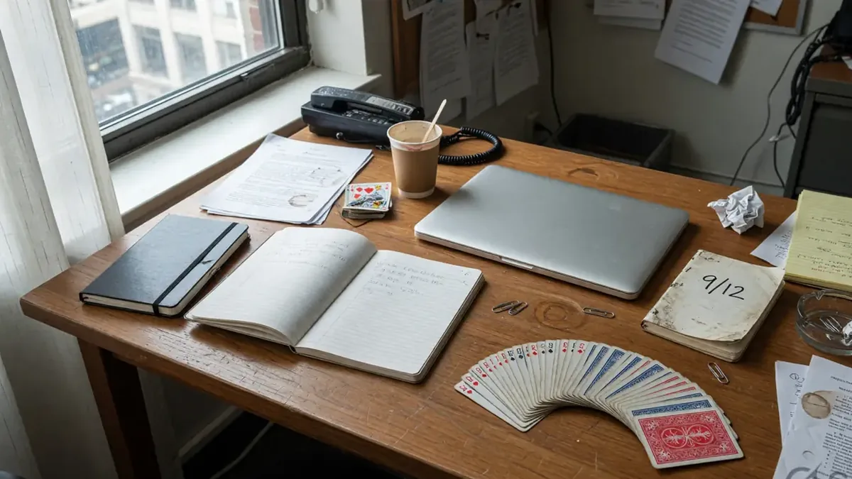 An editorial desk with papers and a closed notebook, no staff portrait