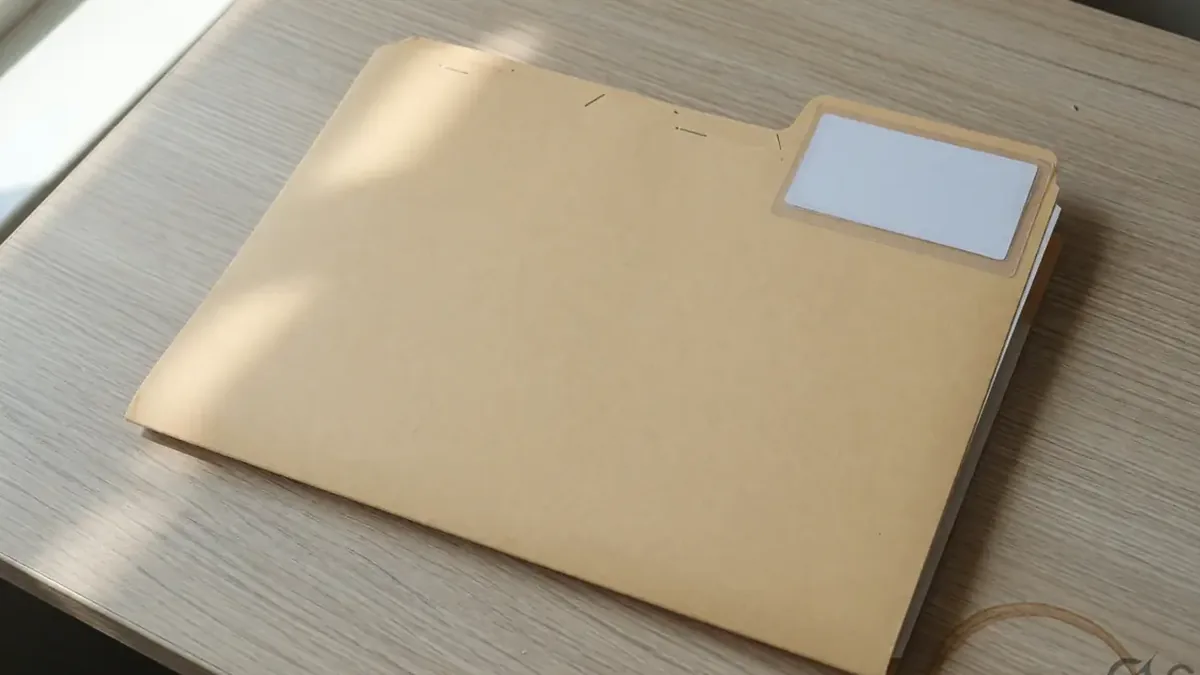 A closed company file and a blank tab on a pale oak desk