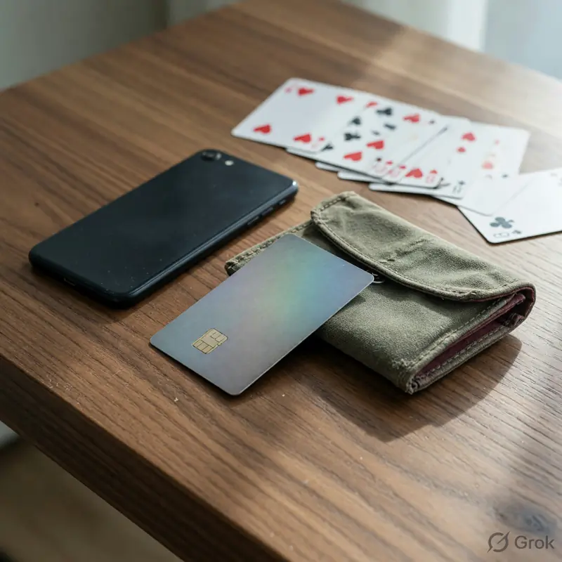 Face-down phone, unmarked card and a cloth wallet on walnut