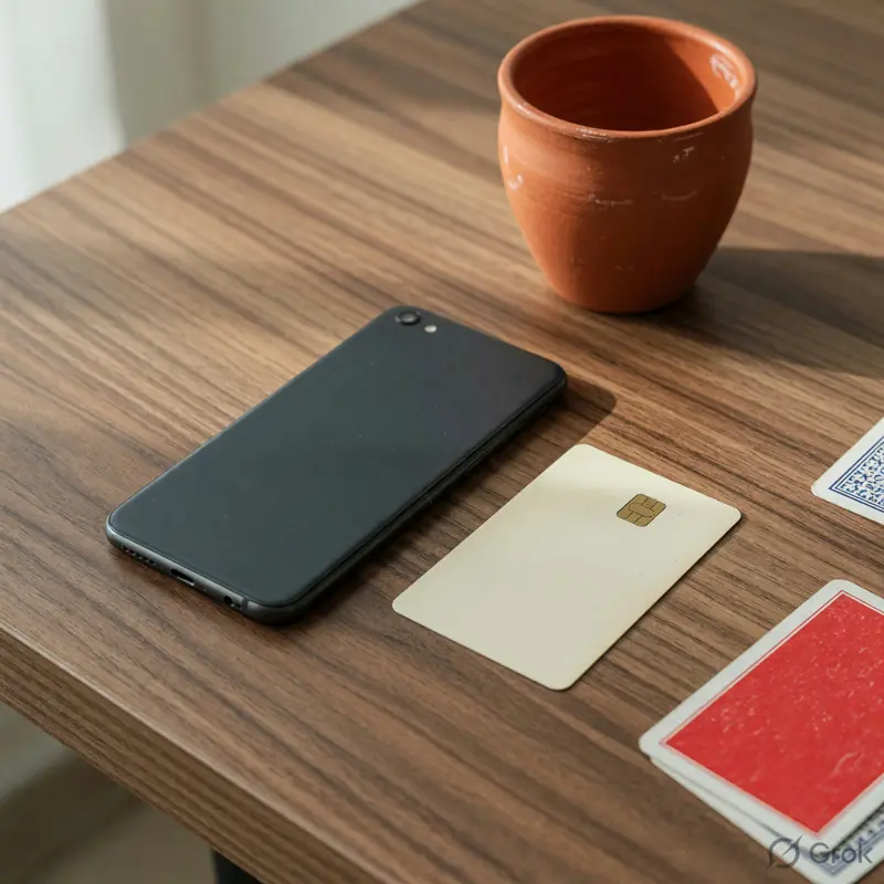A face-down phone and an unmarked bank card beside two rummy cards