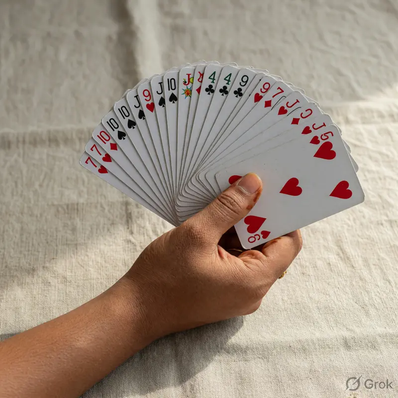 A left hand holding a tight 13-card rummy fan over linen