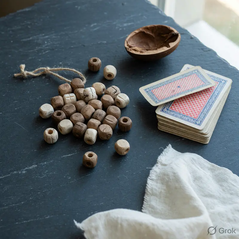 Unglazed wooden scoring beads and a short stack of rummy cards on slate