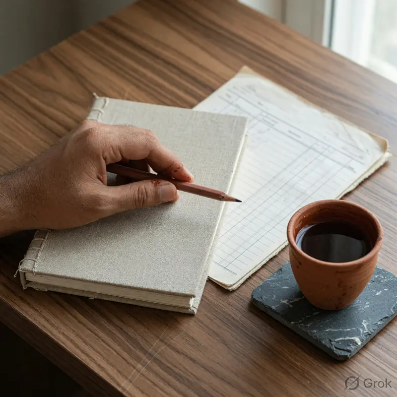 A pencil resting on a closed notebook beside a blank score sheet