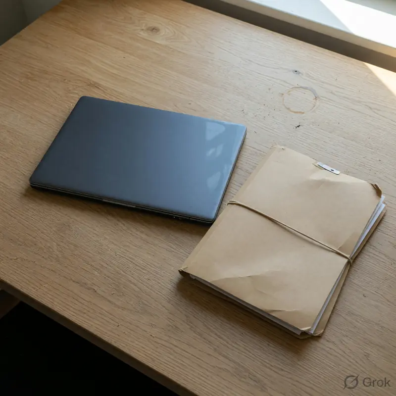 A closed notebook and a dark phone suggesting a locked session