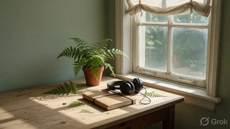 A quiet sunlit desk with a headset and a closed notebook