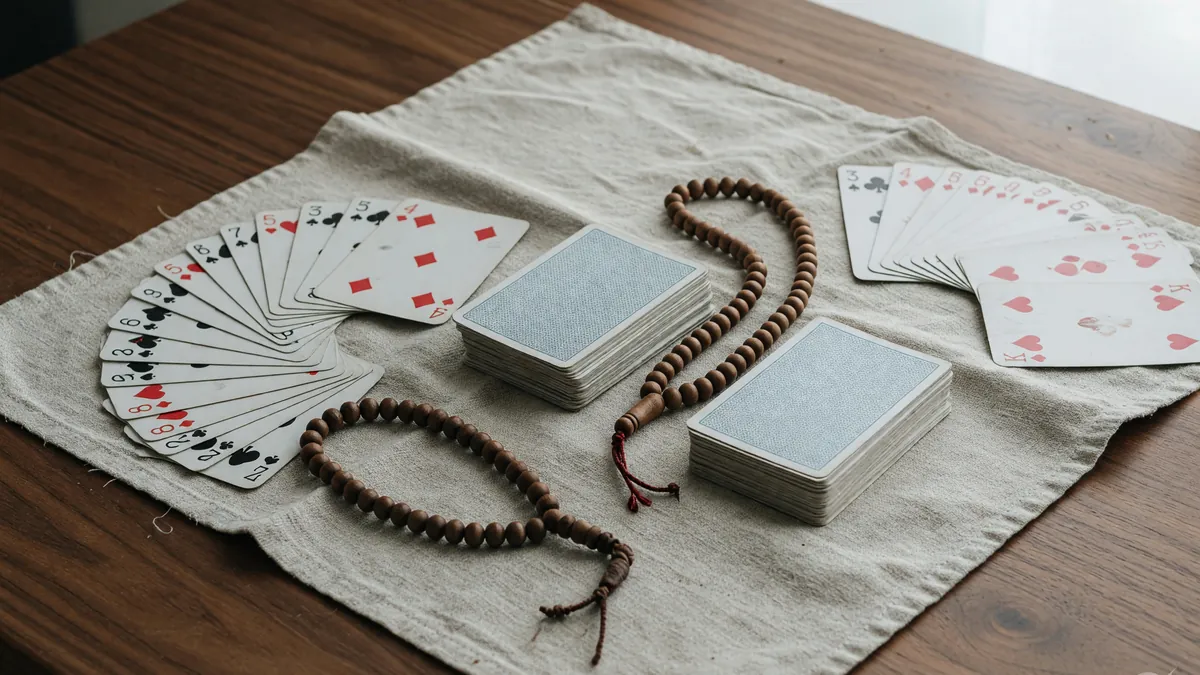 Three rummy layouts on one walnut table: a card fan, wooden beads and deal stacks