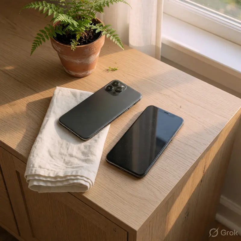 Two dark smartphones on a pale oak sideboard beside a clay fern pot