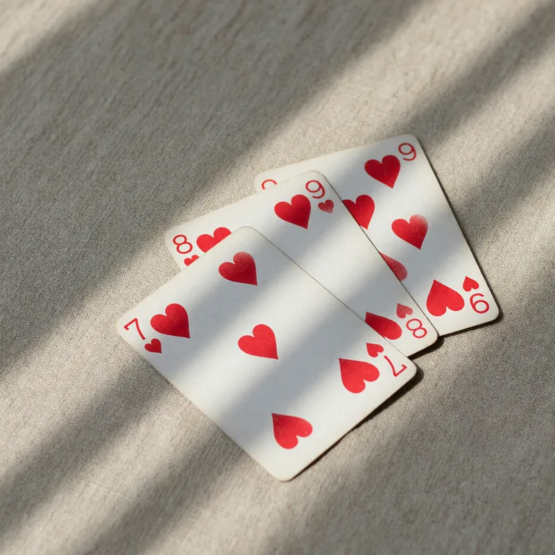 A three-card rummy set slightly overlapped on oatmeal linen