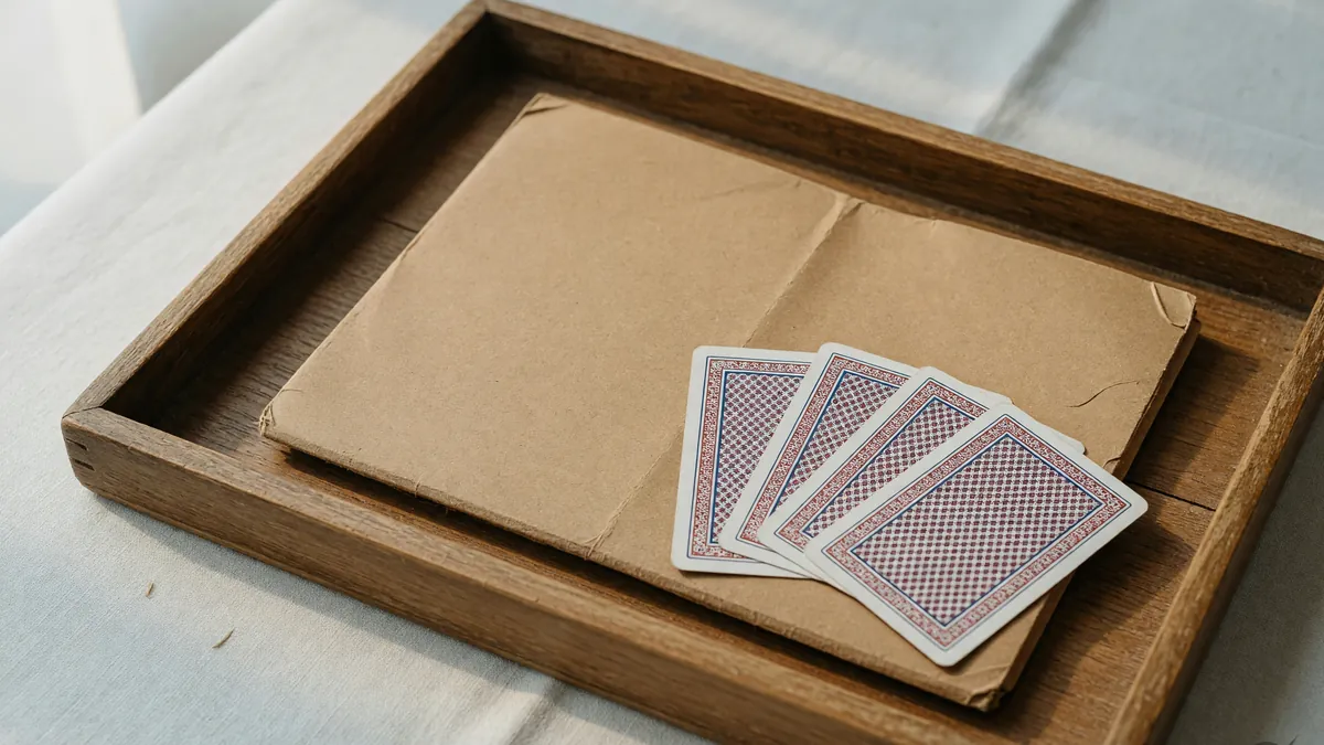 A shallow tray with a closed folder and unused rummy cards